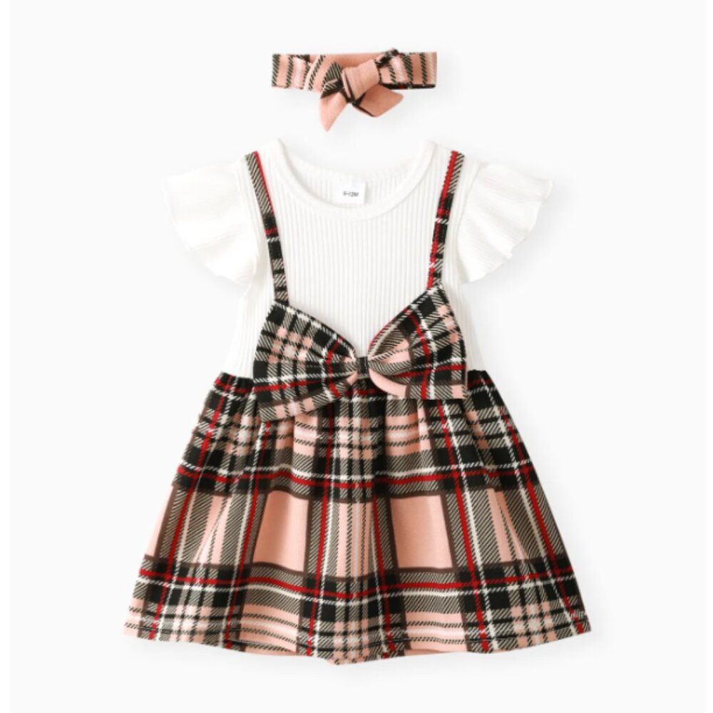 2pcs Baby Girl Ribbed Flutter-sleeve Splicing Plaid Bowknot Dress with Headband
